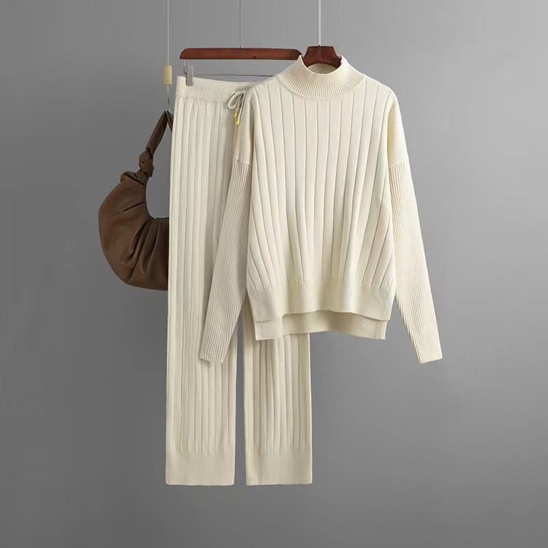 

Модный свитер с ложным воротом в полоску и брючный костюм, комплект свитера и брюк с полувысоким воротником Apricot All yards