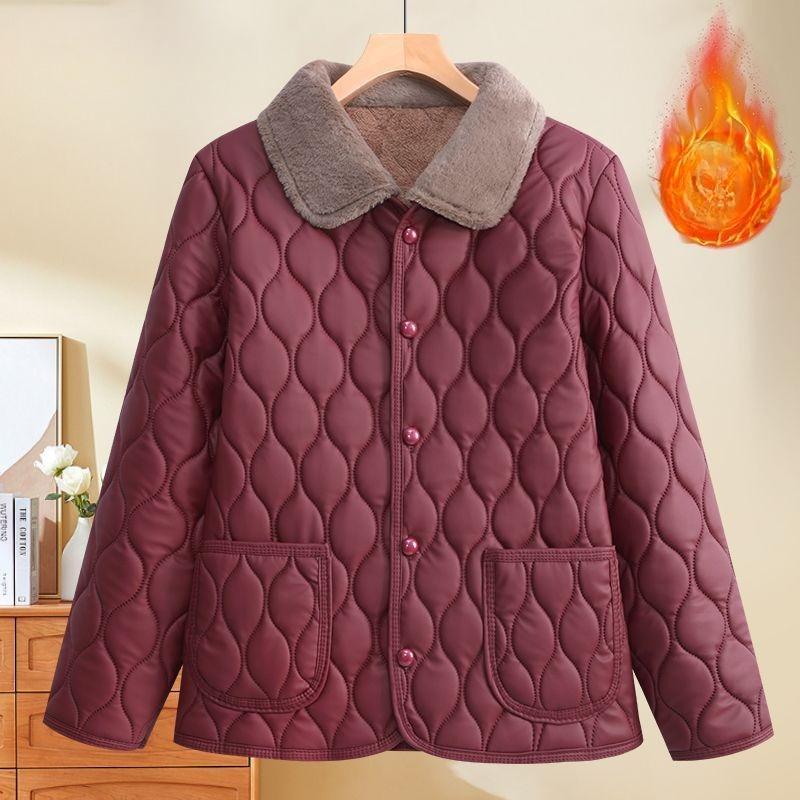 Elegant Women's Fleece Lined Thick Cotton Coat Turn Down Collar Warm Windproof Middle Aged Jacket