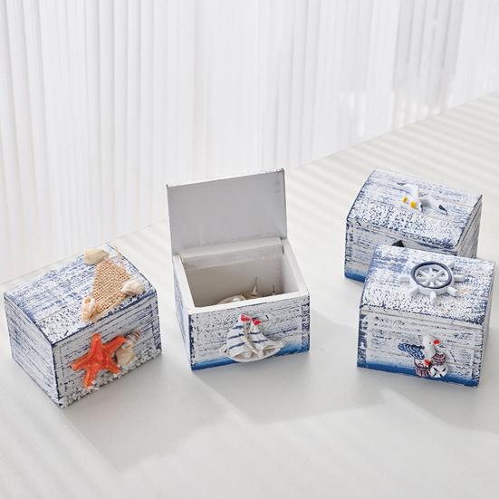 Yousheng Coastal Wooden Trinket Box Handcrafted Nautical Jewelry Box with Starfish Shells Rustic Decorative Storage Box for Beach Home Decor