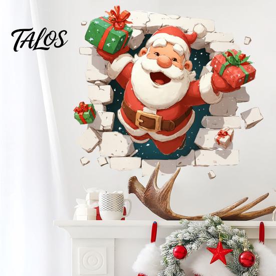 Indoor Outdoor Holiday Decor 3D Santa Claus Christmas Wall Decals, Break Through Reindeer Seasonal Art Window Stickers, Removable Winter Decorations