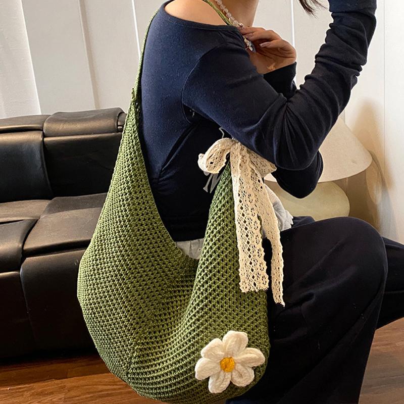 Handmade Crochet Underarm Bag Summer Knitting Women's Shoulder Bag Large Capacity Hollow Out Weaving Beach Bag Mesh Tote Handbag
