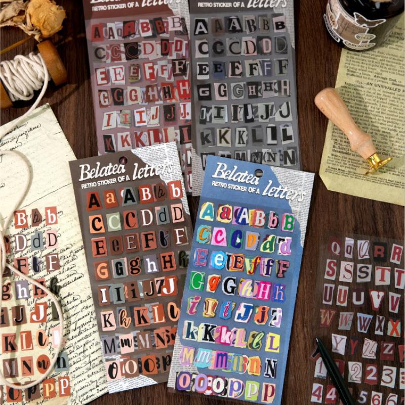 2 Sheets Vintage Scrapbook Aesthetic Journaling Supplies Kit English Alphabet Number Symbol Stickers Retro Letter Decals
