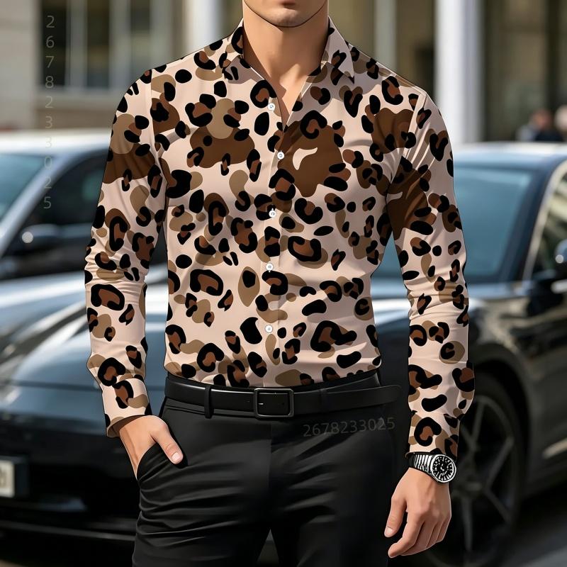 Retro Style Gradient Leopard Print Men's Shirt with Contrasting Print, Slim Fit Long Sleeved, Personalized Street Fashion Shirt