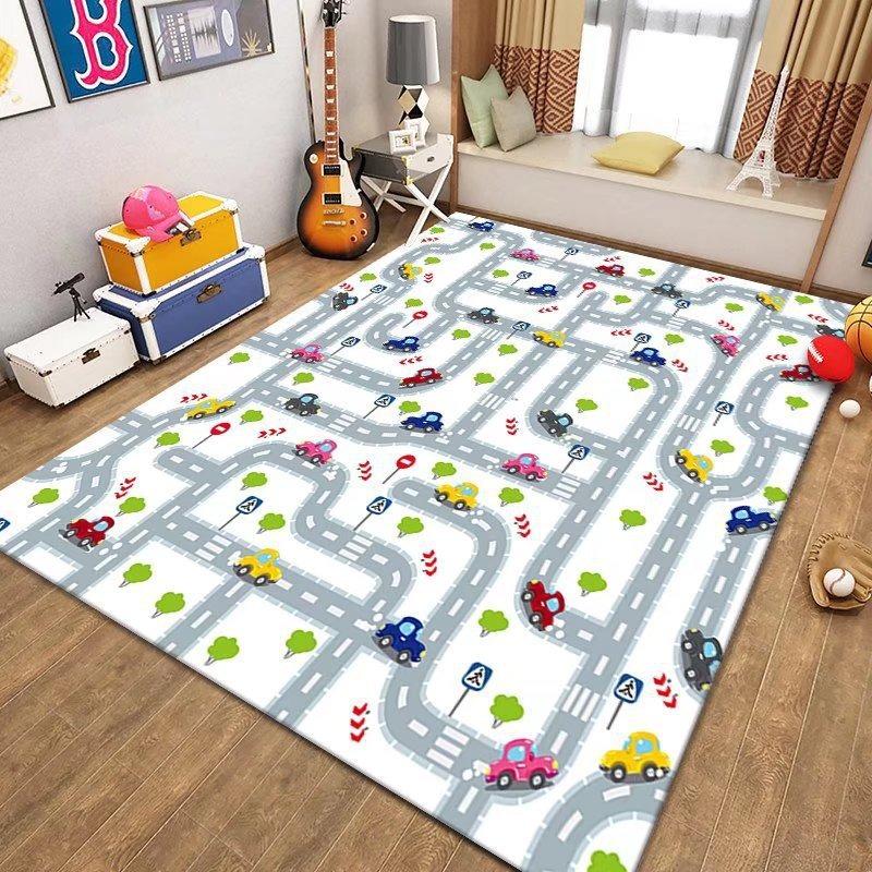 Kids Parking Lot Traffic Game Carpet Boy Car Cartoon Road Track Carpet Driveway Floor Mat Kids Game Crawl Floor Mat Home Decor