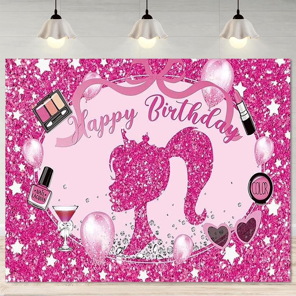 1pc Hot Pink Princess Happy Birthday Background - Shiny makeup and spa-themed party decorations, balloons and sparkle 100x150cm