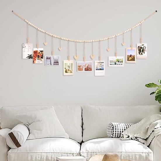 Photo Frame Hanging Rope Bohemian Style Wooden Beads Handmade Non-slip with Clip DIY Craft Gift Wall Picture Mats Clip Holder Organizer Home Decor