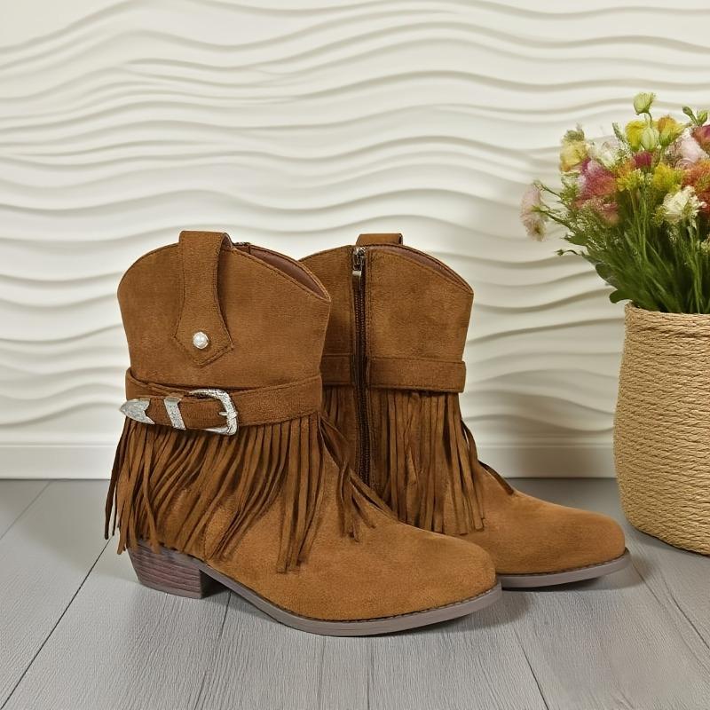 

Low Heel Booties Fashion Pointed Toe Sleeve Metal Buckle Soft Sole Non-slip Tassel Leather Shoes 36