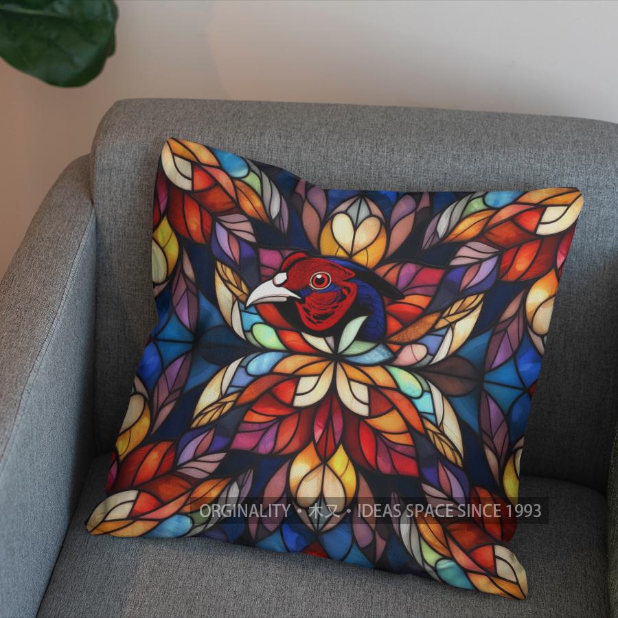 2D Colorful Stained Glass Pheasant Pattern Pillow Cover Pattern Cushion Cover Suitable For Sofa Bedroom Car Pillow Cover