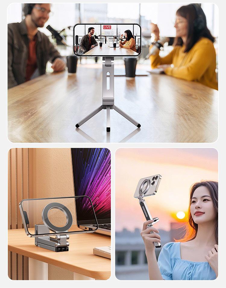 Aluminum Alloy Folding MagSafe Phone Stand - Portable, Magnetic, Tripod for Travel & Live Streaming