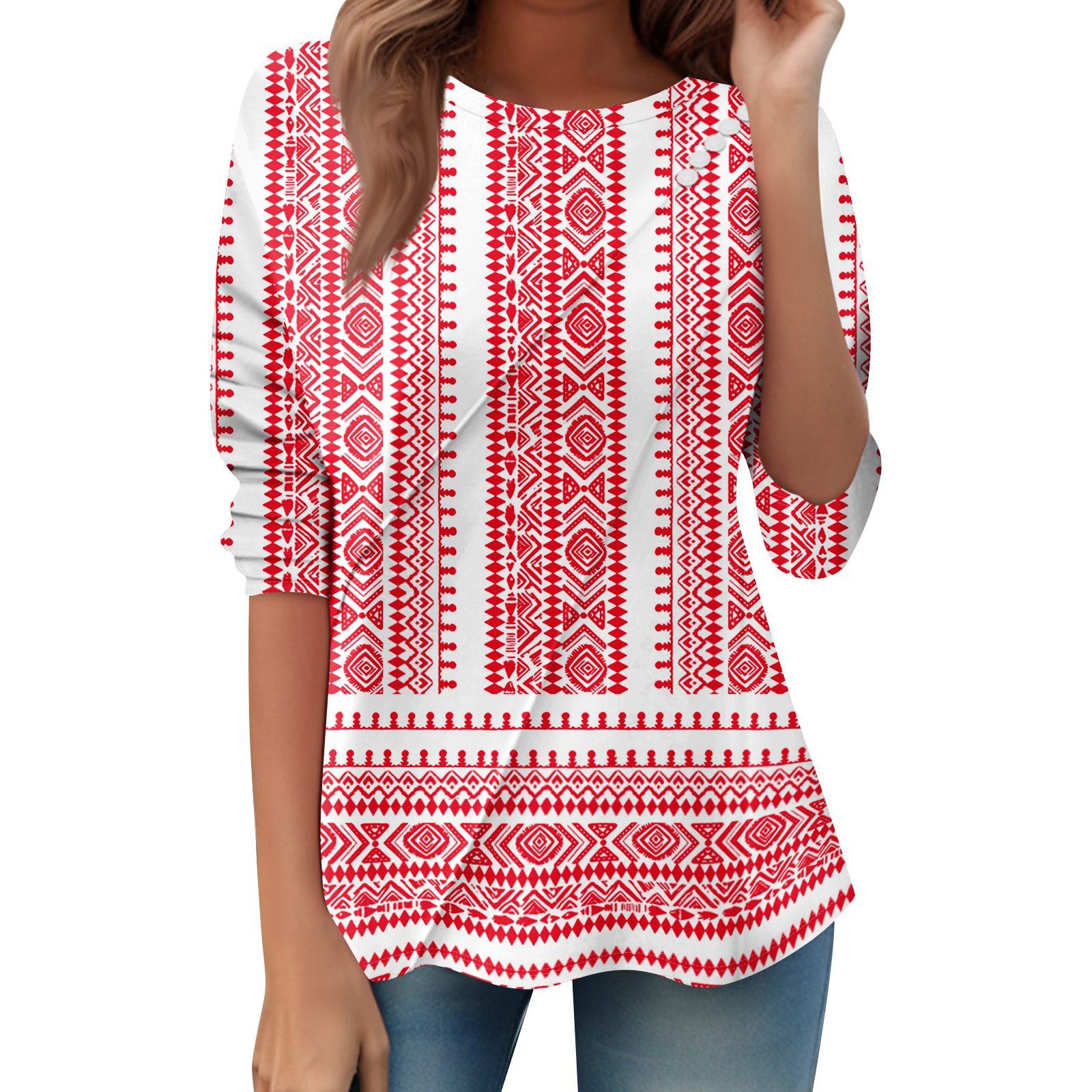

Women s Loose Casual Long Sleeve Top Round Neck Button Pull Stripe Prints T Shirt XL червоний
