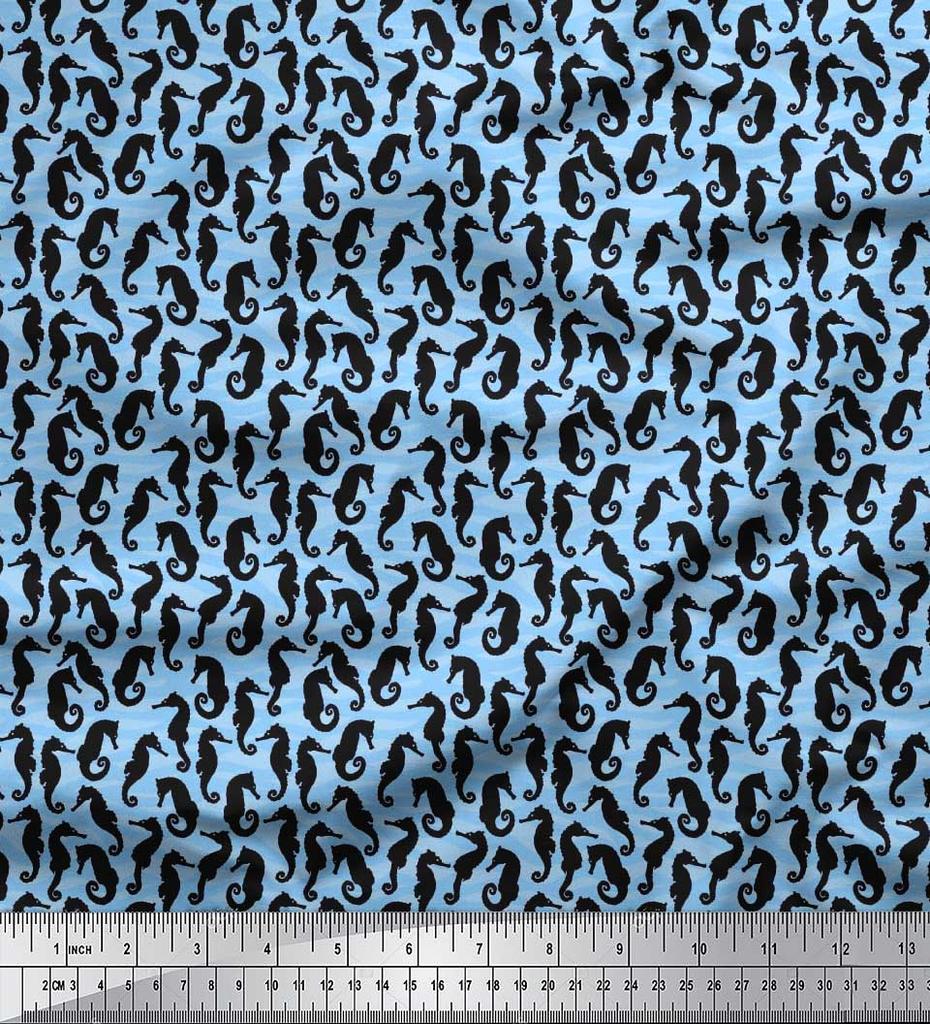 Soimoi Japan Crepe Satin Fabric Sea Horse Ocean Printed Craft Fabric by the metre 42 Inch