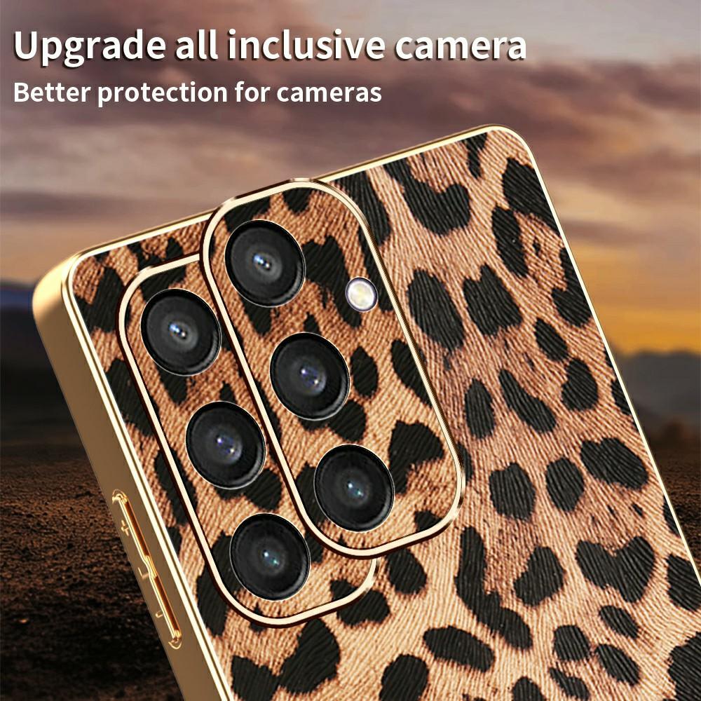 For Samsung Galaxy S24 Case Leopard Print PU Leather Coated PC + TPU Electroplating Phone Cover