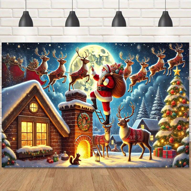 1 holiday Santa Claus and reindeer roof scene tapestry, classic and warm home decoration, with gold decorations 100X70CM