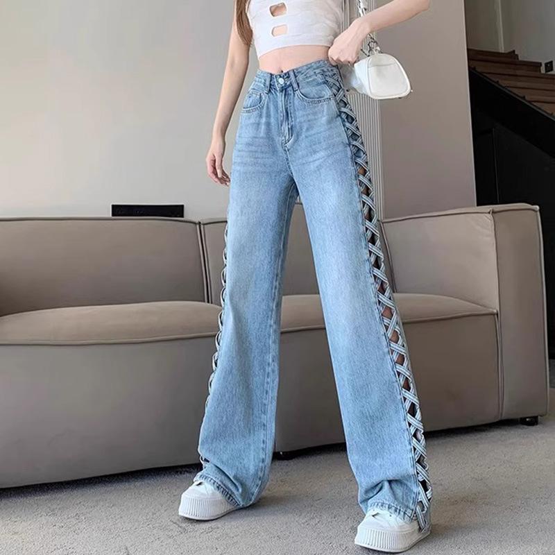 Jeans de Mamá Casual para Mujer Pantalones de Pierna Ancha con Huecos Cintura Alta Botón Cremallera Oficina Dama Sueltos Primavera Club Y2k Streetwear