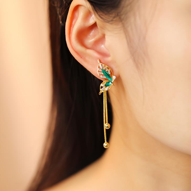 2 Pcs Luxury Green Butterfly Tassel Dangle Earrings  - Pendant, Fashionable, Versatile Party Jewelry Accessories, Elegant Design and Shiny Details