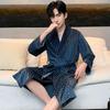 Men's Mid-Length Checkered Velvet Bathrobe - Golden Velvet, Autumn/Winter, Korean Style.