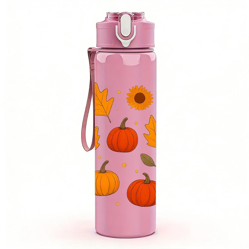 1PC Autumn Pumpkin Leaf Harvest Pattern 750ml Color Plastic Sports Water Bottle Leakproof Flip Straw Lid Suitable for Sports Office Home Use