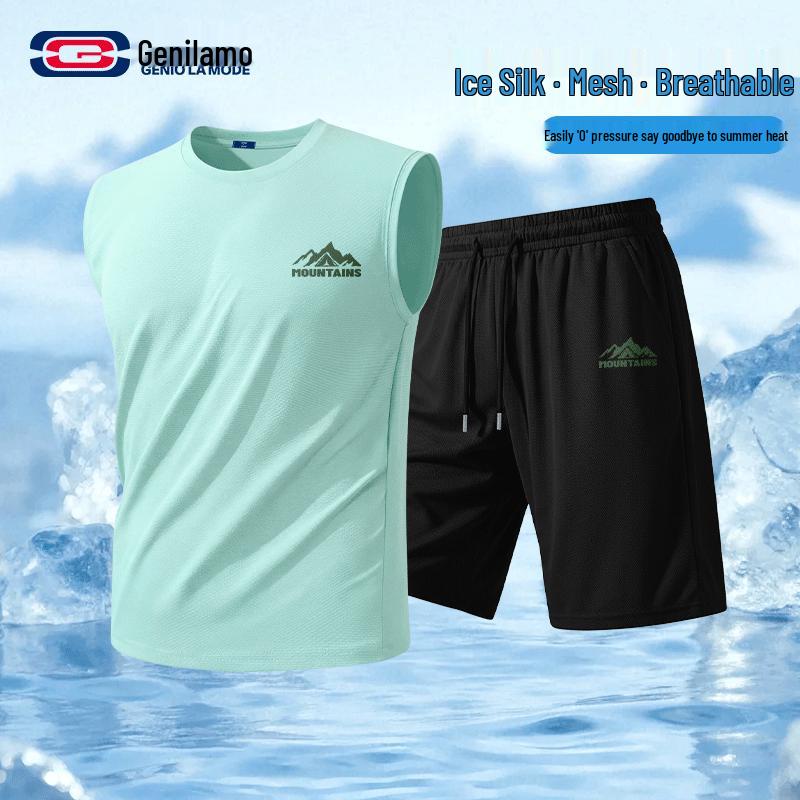 

GENIOLAMODE Men s Quick-Dry Ice Silk Vest & Shorts Set 3XL