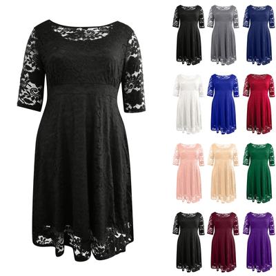 Women's Temperament Three-quarter Sleeve Lace Casual Solid Color O-Neck Plus Size Dress