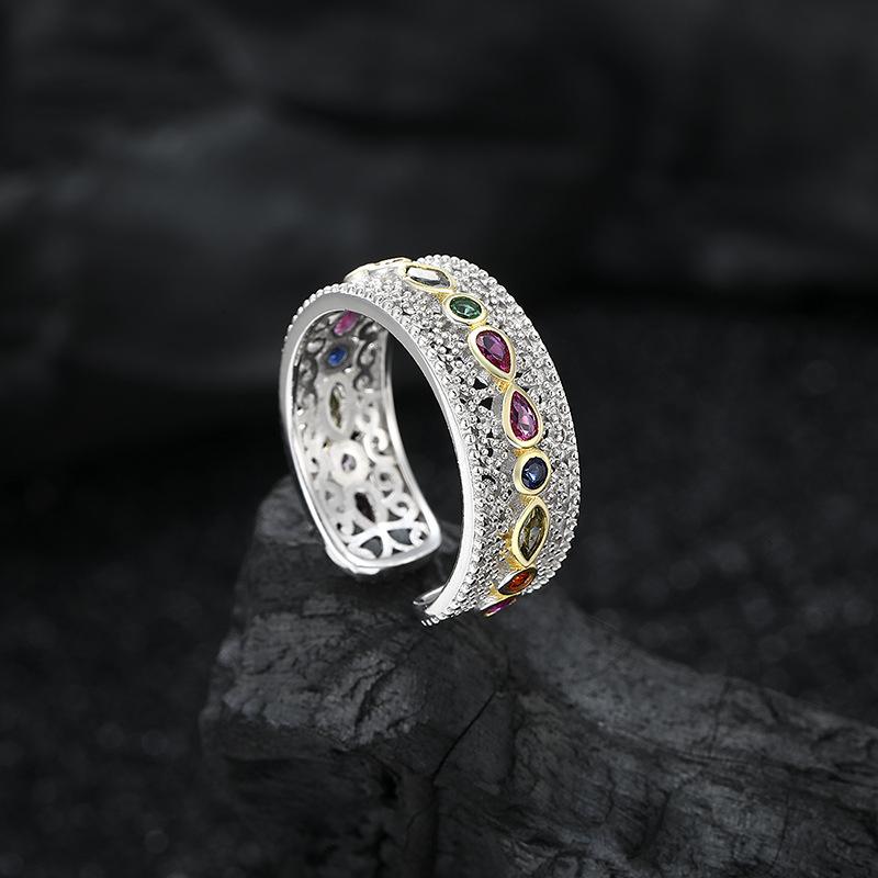 S925 Sterling Silver Retro Court Lace Colored Zirconium Open Ring Girl Niche Design High-End Simple Ring