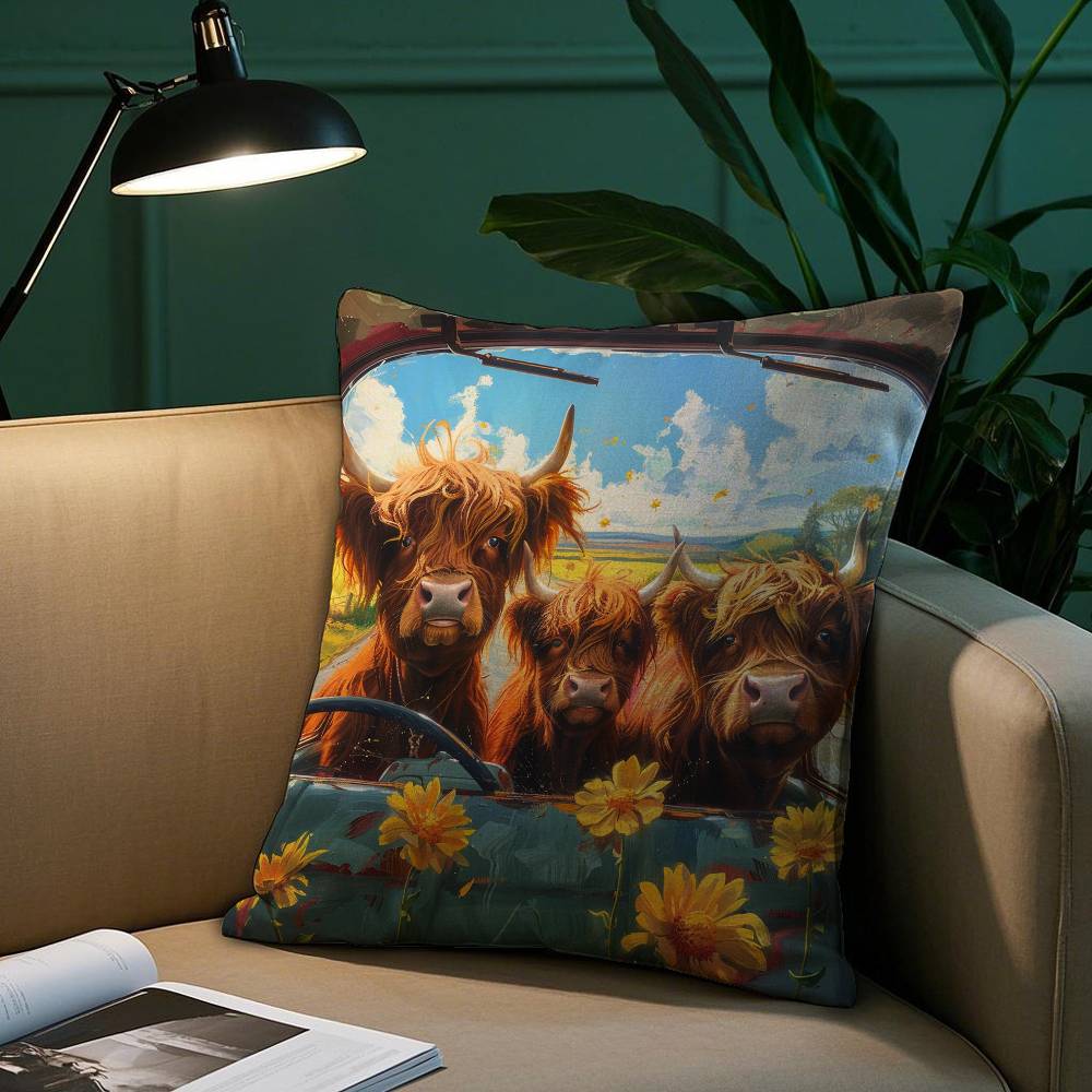 Vibrant Highland Cow Pattern Pillow Case Short Plush Print Cushion Cover Square Throw Pillow Covers Sofa Home Decor
