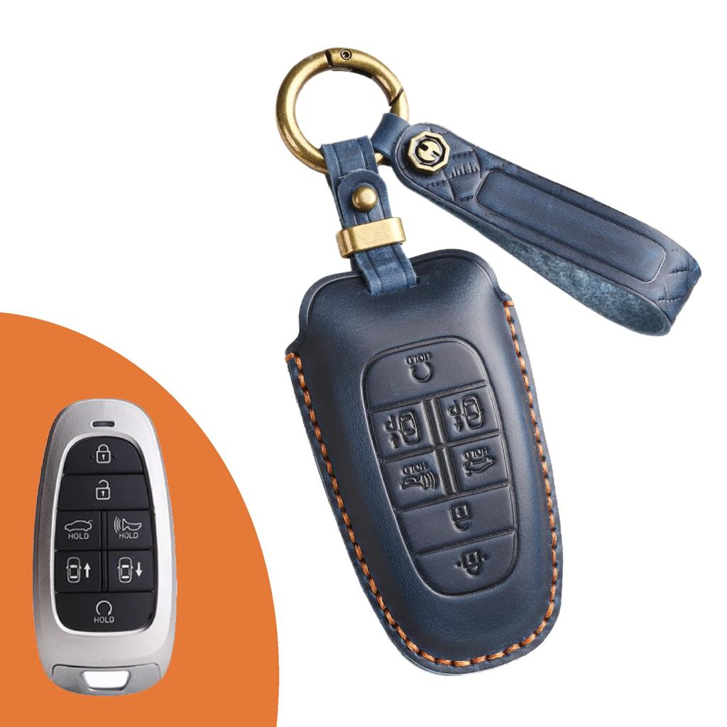 Leather Car Key Case Cover Fob Protect for Hyundai 3/4/5/7 Buttons Top Layer Leather