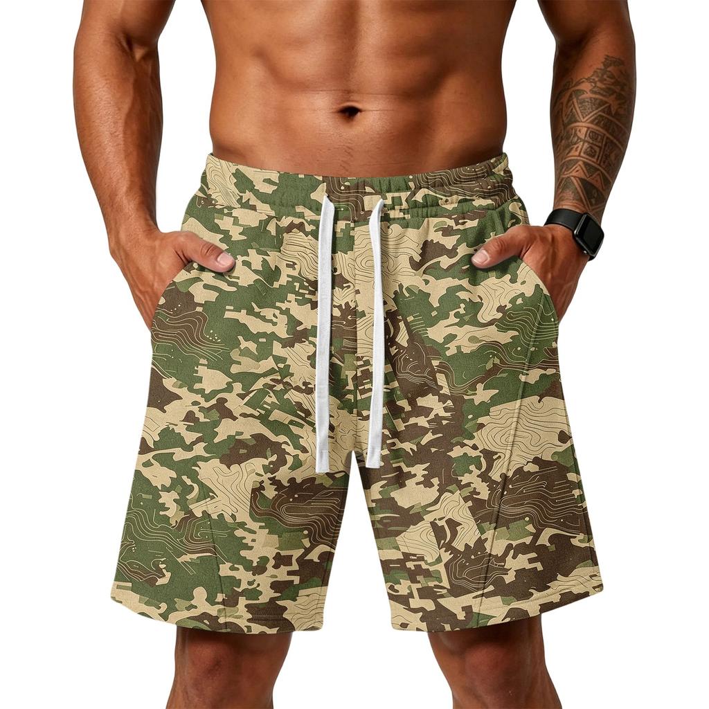 Herren lockere Camouflage-Print Sportshorts mit Taschen für Fitnessstudio Training Laufen Strandbekleidung Kordelzug Taille