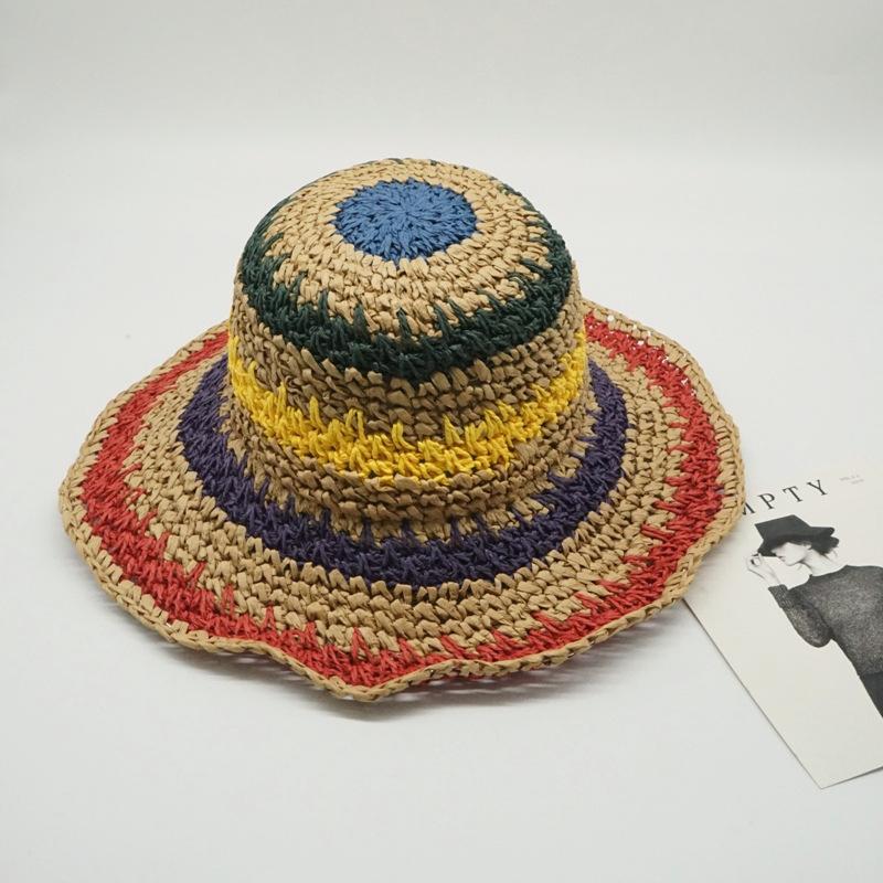 Hyunya Style Japanese Export Colorful Striped Hand-Woven Straw Hat Women'S Summer Sunshade Resort Beach