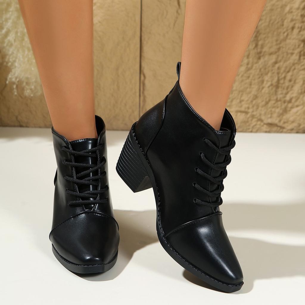 British lace-up medium heel short boots winter new thick heel large size pointed Martin boots
