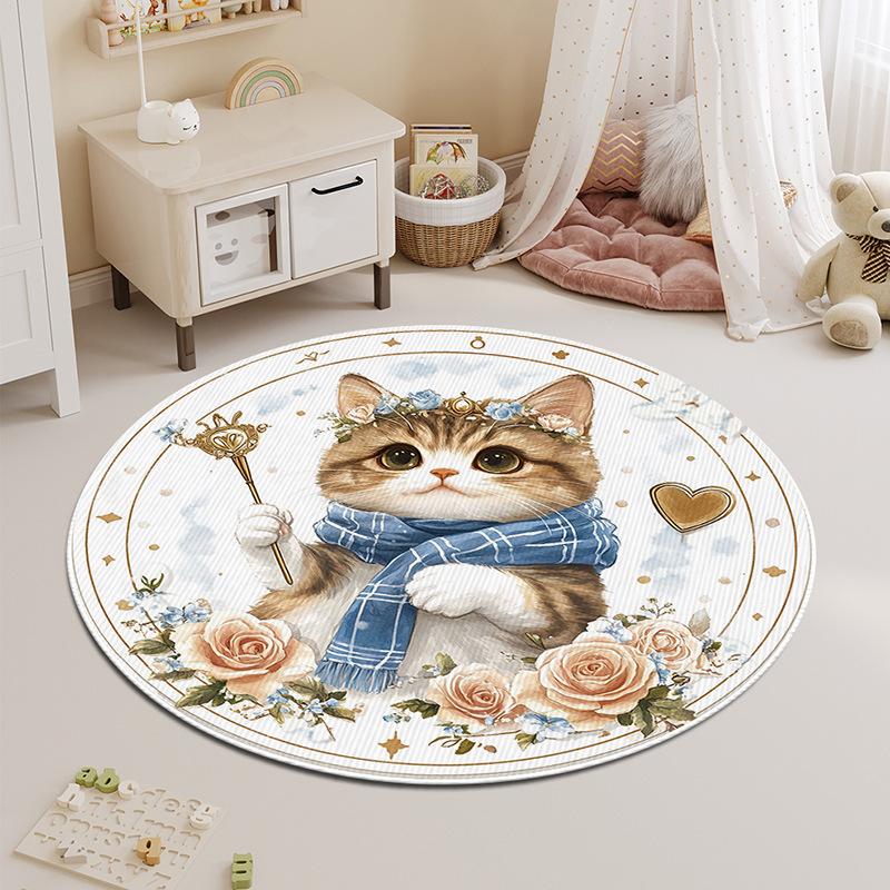 Round Carpet Bedroom Stain-resistant Cartoon Cat Bedside Children's Rug Floor Mat Living Room Washable Thickened Coffee Table Mat