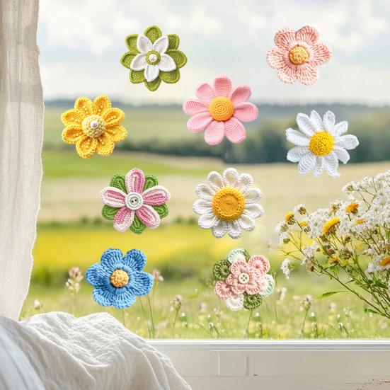 Crochet Yarn Flower Window Cling Waterproof PVC Double-Sided Knitting Flower Static Glass Sticker Spring Summer Decoration Decal