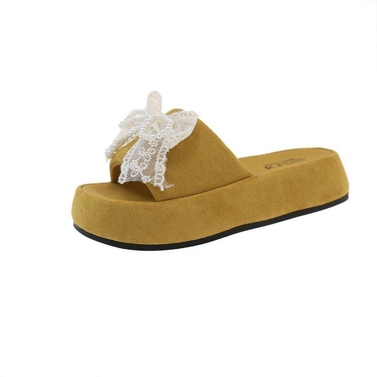 

[Youshilai] Thick-bottomed bow one-word women s 2025 summer new heightening open-toed beach sandals 35