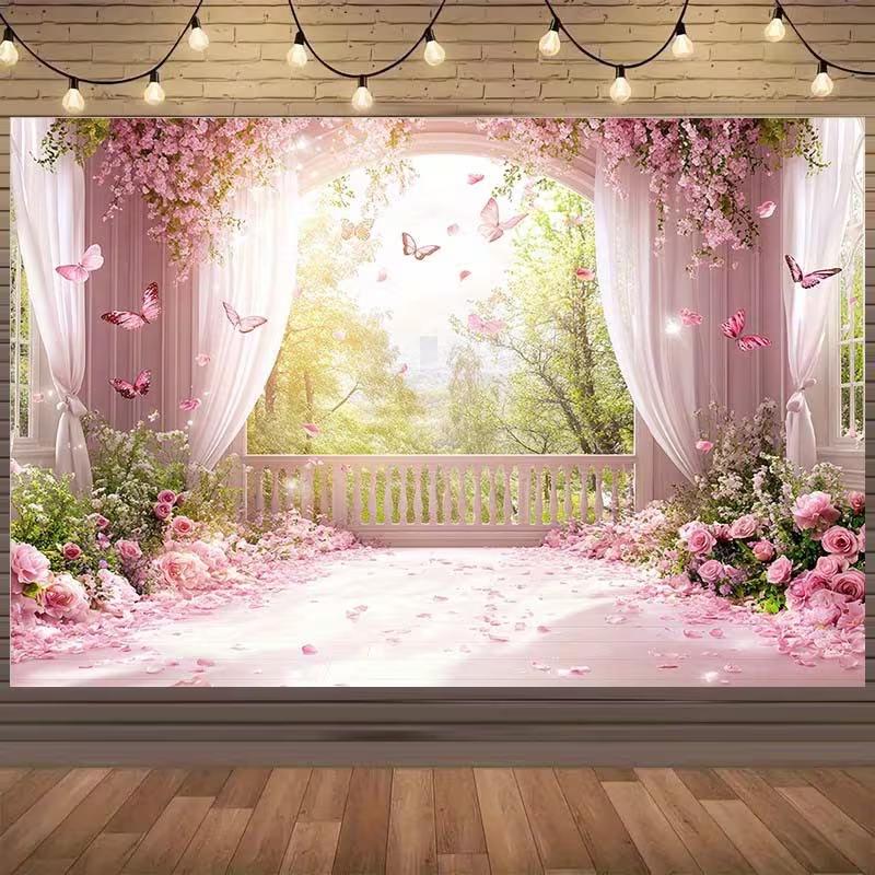 2D Spring Garden Balcony Backdrop - Romantic Photography Background for Party