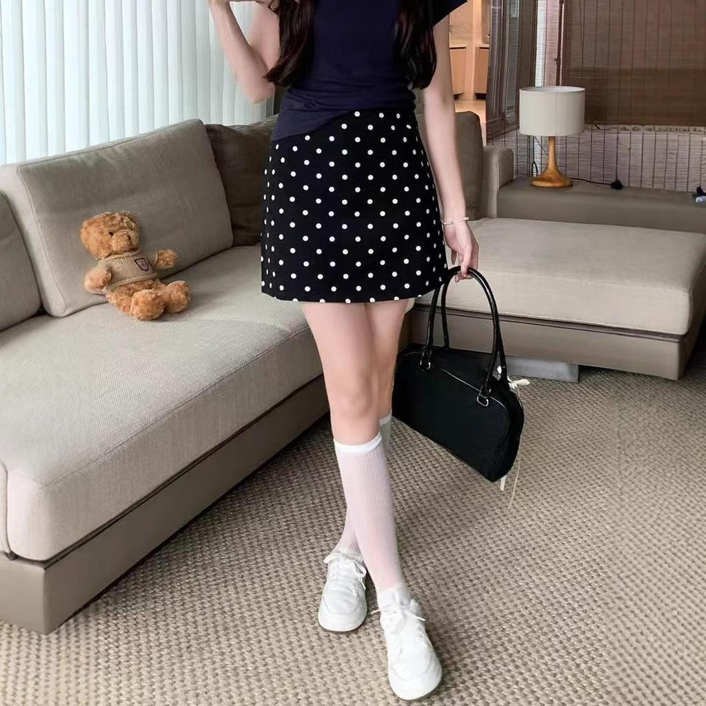 Women's High-Waist Black Polka Dot A-Line Midi Skirt - Summer 2024