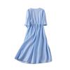 2025 Summer New Jacquard Cotton and Linen Dress Women's Blue White V-neck Short Sleeve Simple Temperament Long Skirt