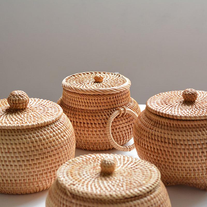 Vietnamese Woven Rattan Snack & Game Storage Basket with Lid