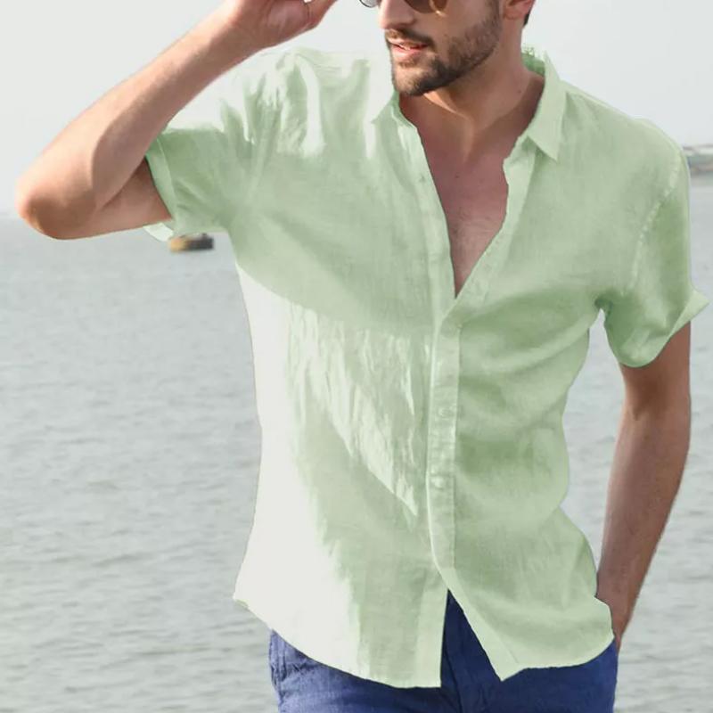 Men's Casual Short Sleeve Shirt Street Wear Lapel Button Solid Color Cotton Linen Shirt for Men Vintage Vacation Blouse
