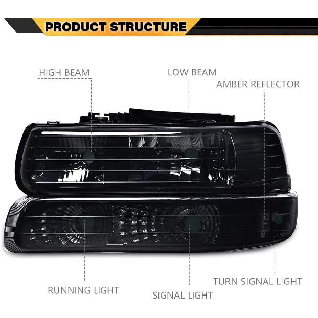 Сборка фар, совместимая с Chevy Silverado 1999-2002 / Suburban Tahoe 2000-2006, Черный корпус с дымчатым стеклом, Янтарный отражатель, Левая+Правая