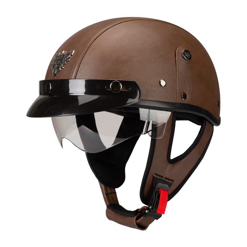 

Retro half-face motorcycle helmet for men and women, small helmet body, Japanese-style helmet, summer electric bike helmet with visor, stylish and S темно-коричневого