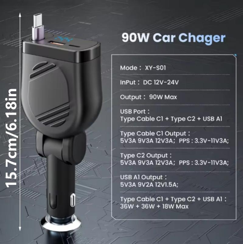 120W Retractable Car Charger 4 in 1 Fast Car Phone Charger with Cord USB C Car Adapter for Phone Tablet Laptop Devices
