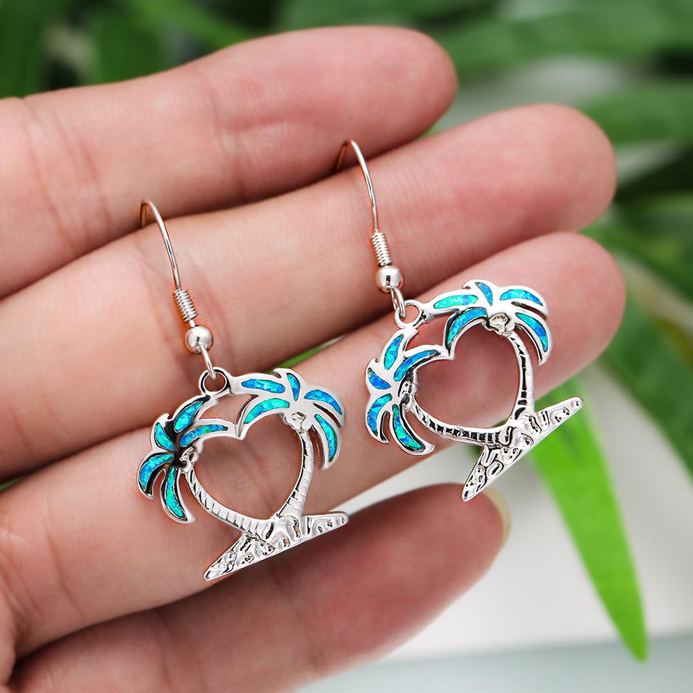 Two Blue Coconut Tree Earrings with Hollowed Out Hearts Temperament and Personality As A Personalized Accessory