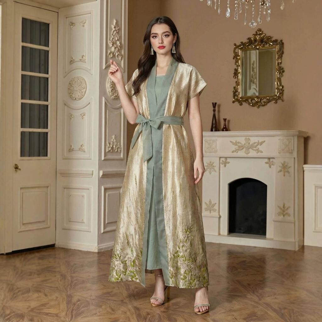 Elegant Hot Stamping Texture Abaya Two Piece Set Color Block Spliced Lace-up Muslim Abaya Outfit Casual Loose Robe For Women