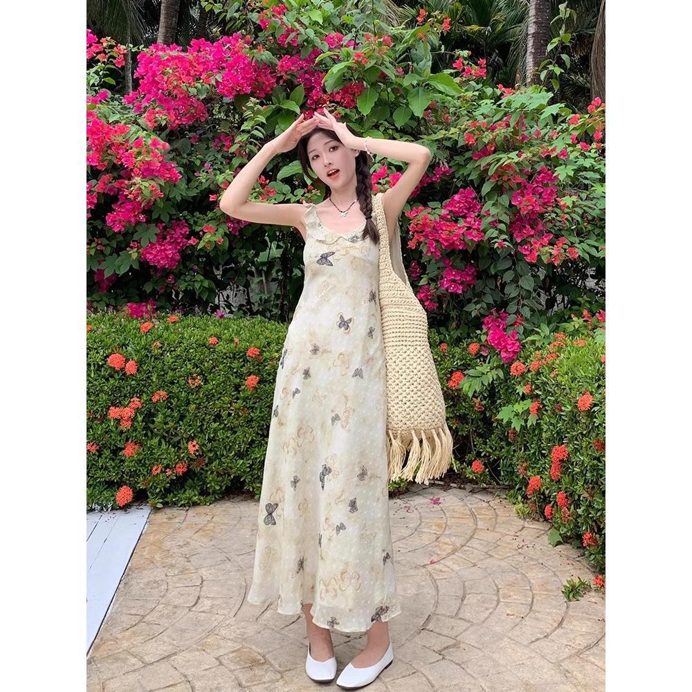 Foreign-style Women's Clothing Butterfly V-neck Flying Sleeves Slim-fitting and Thin Dress Floral Temperament Suspender Skirt Summer