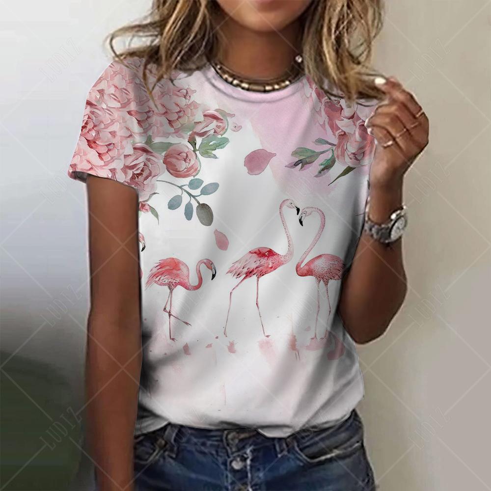 Moda feminina camiseta com gráfico de flamenco 3D impresso manga curta verão oversized poliéster fibra roupas