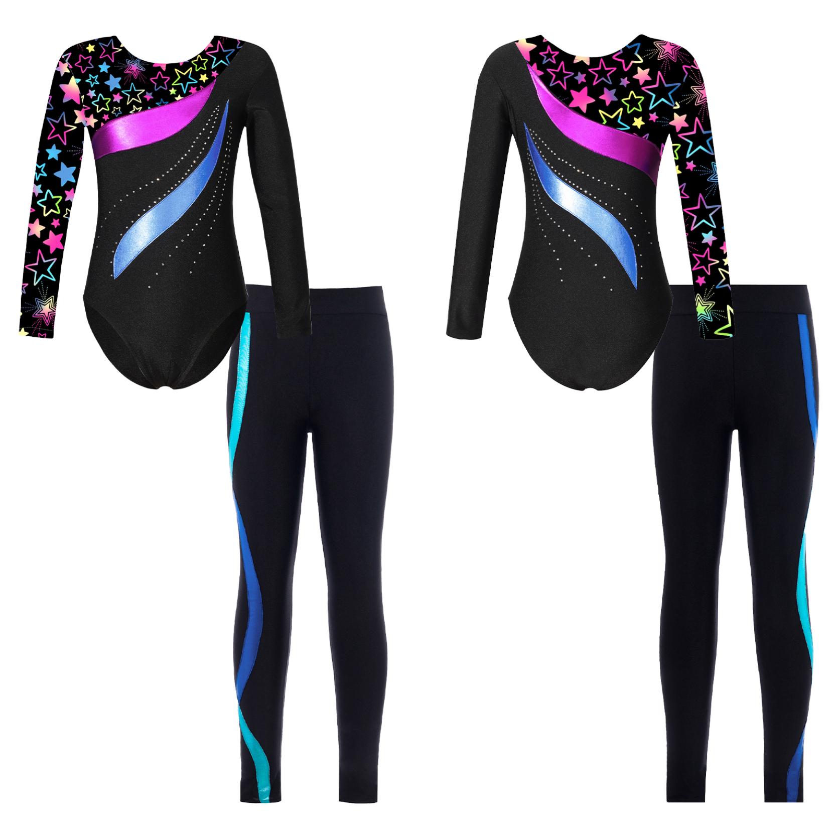 IEFiEL Kinderen Meisjes 2 Stuks Gymnastiek Dansoutfits Maillots met lange mouwen en broek Atletische Biketards Unitards 11-12 Years blauw/zwart