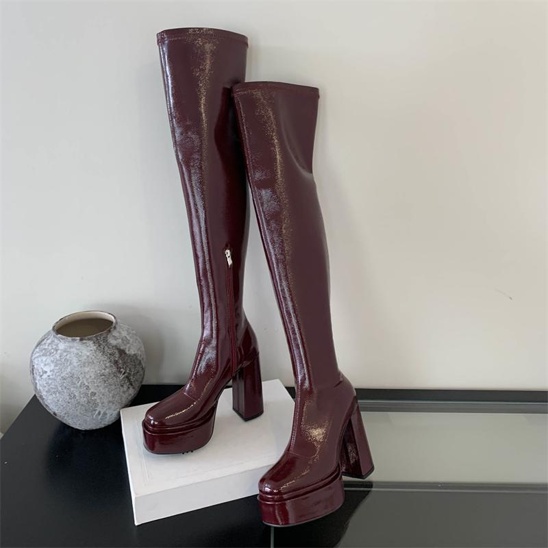 Winter Fashion Round Toe Over Knee Boots Women Chunky Platform Heels Zipper Motorcycle Botas Largas Mujer