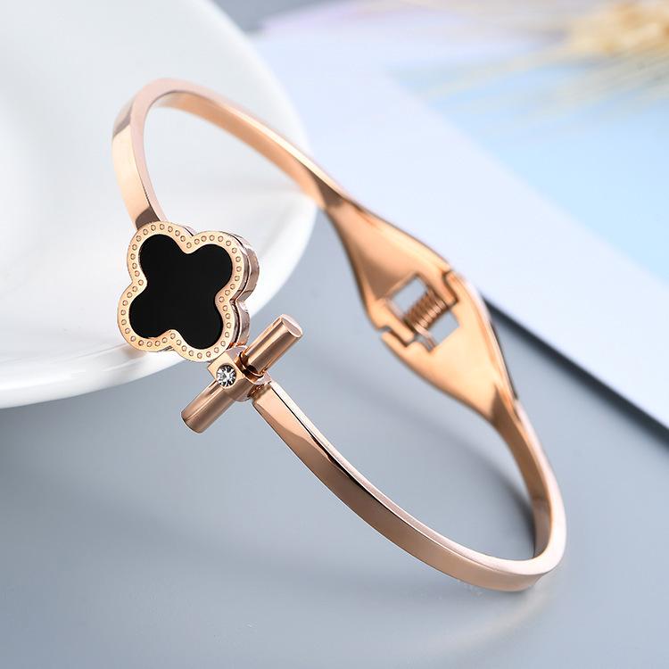 Rose Gold Korean Style Four-Leaf Clover Open Cuff Bracelet for Women - Simple, Classic Accessory