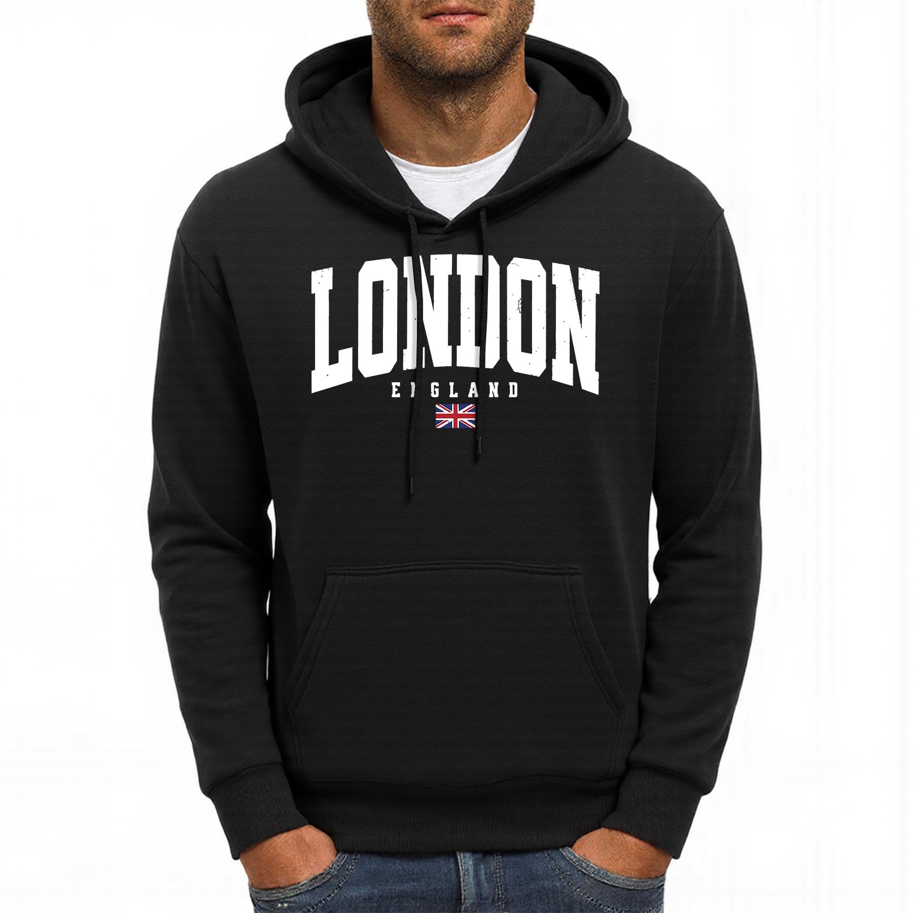 

London England Flag Pattern Men Hoodies Casual Autumn Pocket Streetwear Loose Multicolor Pullovers Hip Hop Fleece Man Hoody 3XL