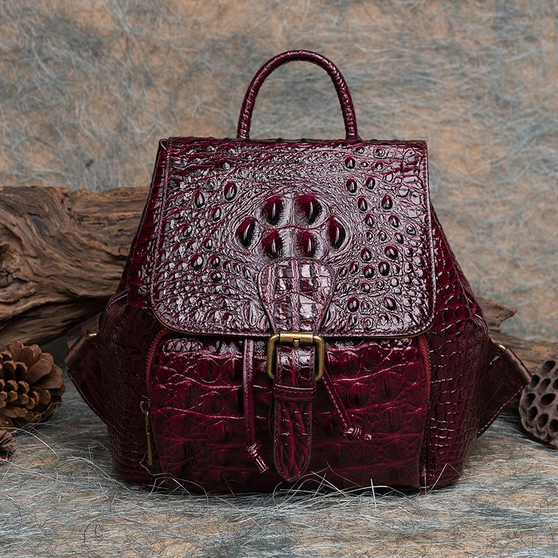 Vintage Women Genuine Leather Backpack Crocodile Pattern Women's Real Cow Leather Bagpacks Luxury Anti-theft Ladies Travel Bag