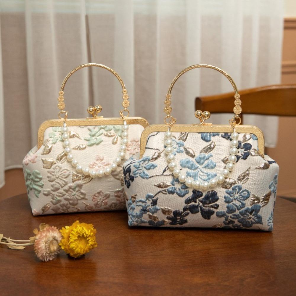 

Elegant Cheongsam Banquet Bag Pearl Chain Kiss Lock Shoulder Bag Chinese Style Handbag Wedding рожевий